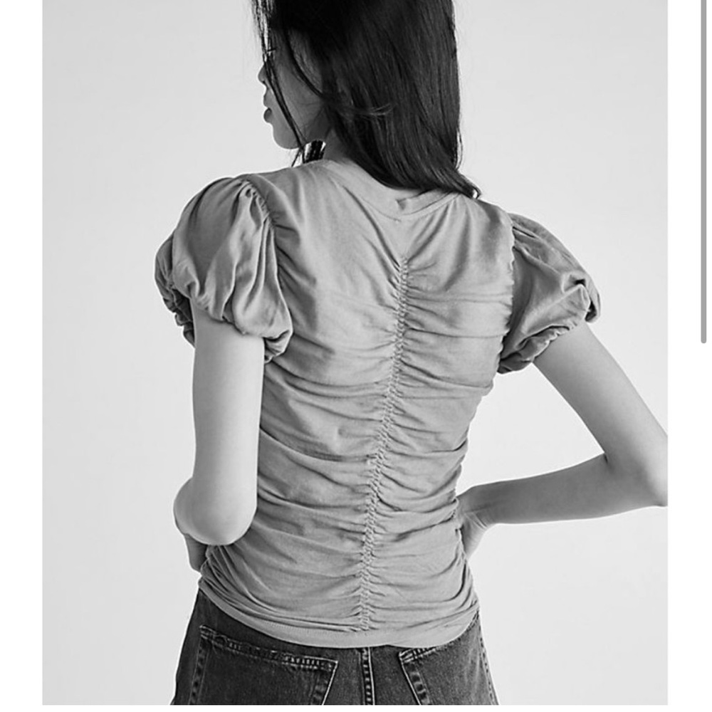 Free People Ruched Baloon Sleeve T-Shirt in Cream